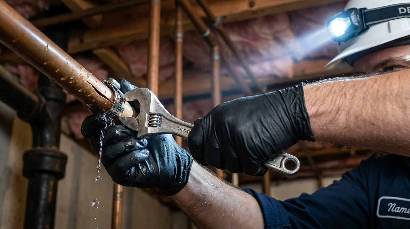 Emergency pipe clamp repair being performed by a Johns Plumbing LLC plumber in Sardis