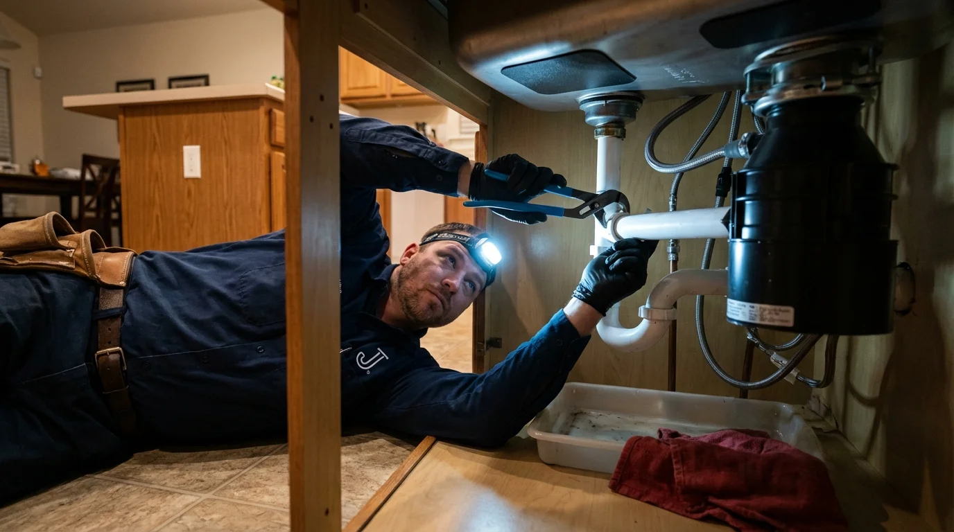 P-trap and supply line connections under a kitchen sink showing a common leak point in Sardis, MS